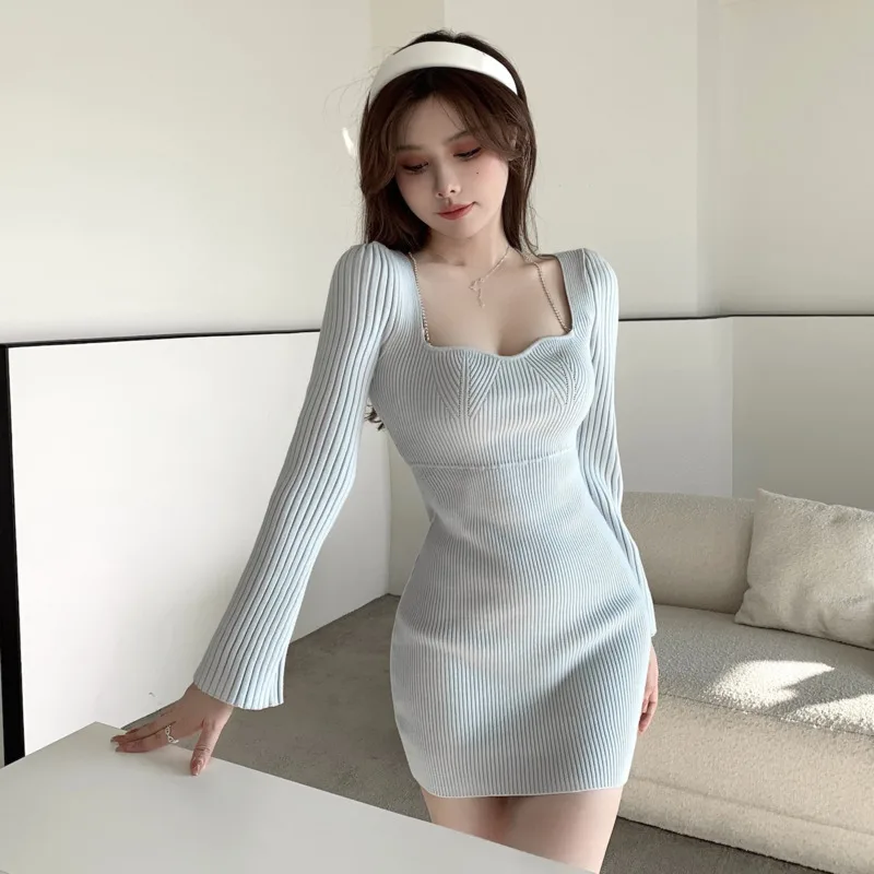 

Вязаные платья с квадратным вырезом во французском стиле, женское платье на осень и зиму, новинка 2021, облегающее мини-платье с запахом и длин...