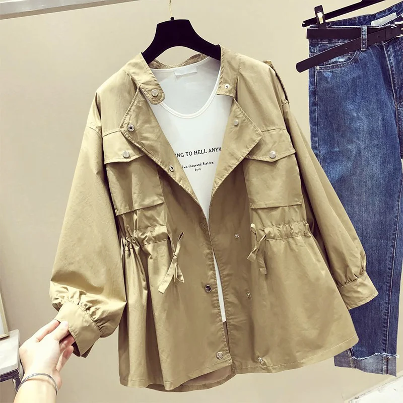 

Fashion Windbreaker Women's 2021 Spring Autumn New Korean Slim Drawstring Trench Coat Women Clothes Casual Solid Short Outwear