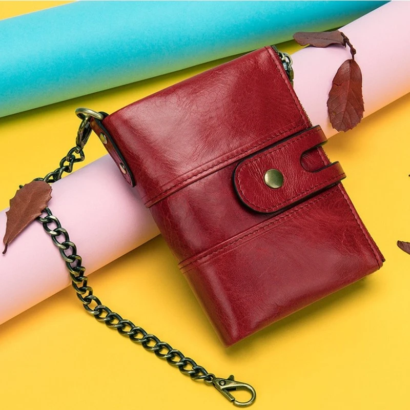 Женский кошелек из воловьей кожи маленький Дамский бумажник красного цвета с