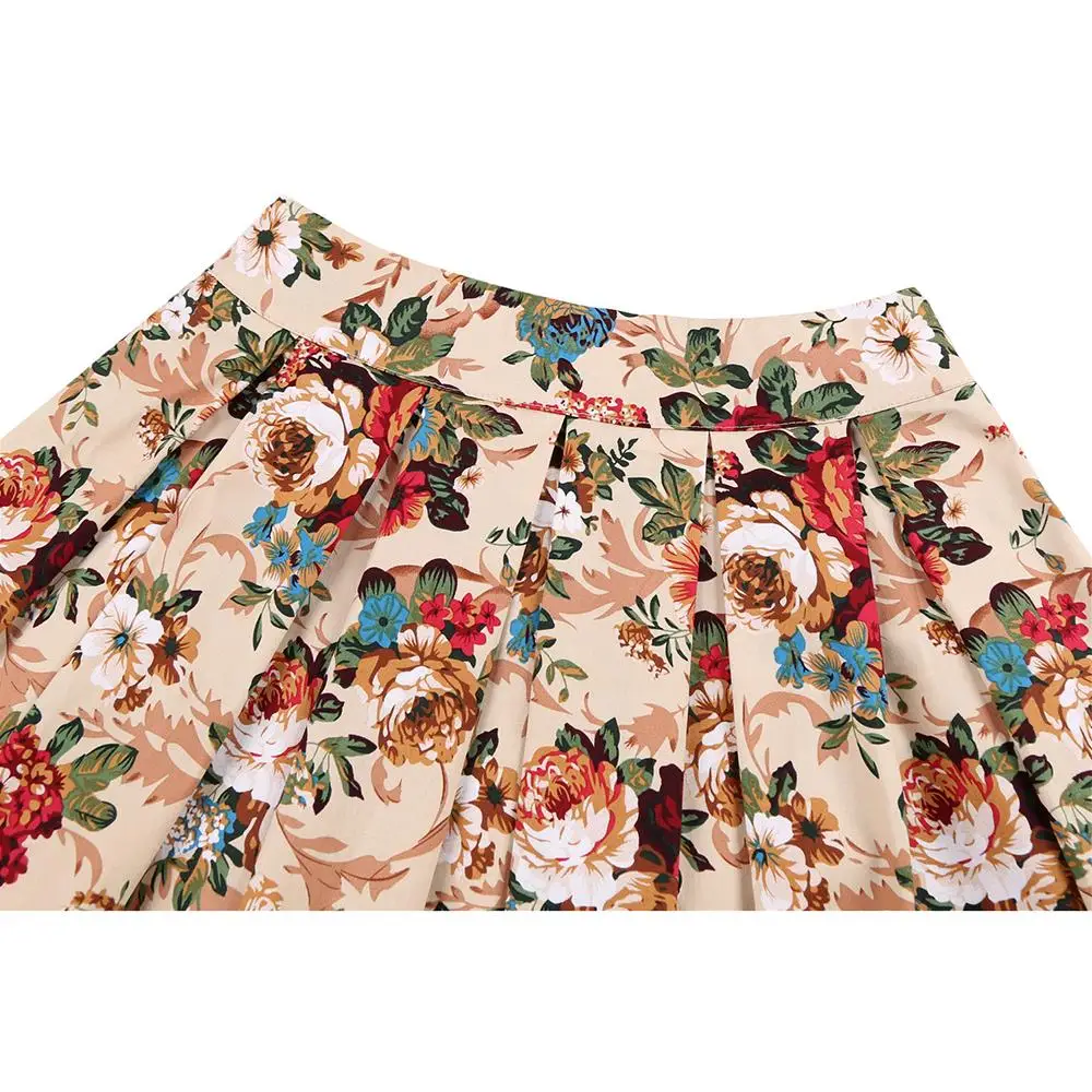 

2021 High Waist Women Cotton Vintage Summer Skirt SS0012 Plus Size Floral Print 50s 60s Pleated Skirt Jupe Femme Pockets