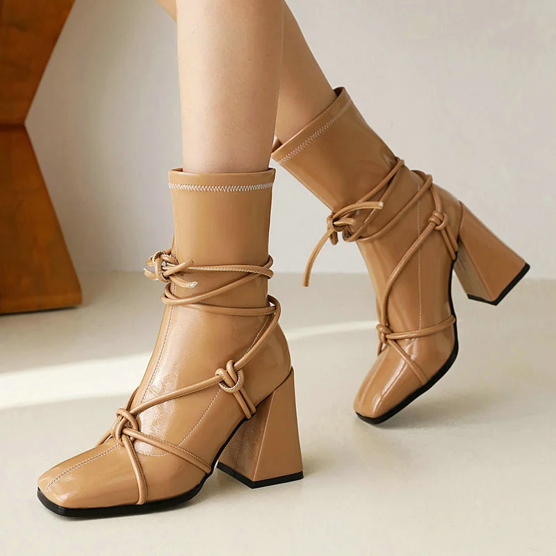 

Black Beige Apricot Women Ankle Boots Patent PU Leather Cross Tied Ladies Thick High Heel Booties Fashion Square Toe Short Boots