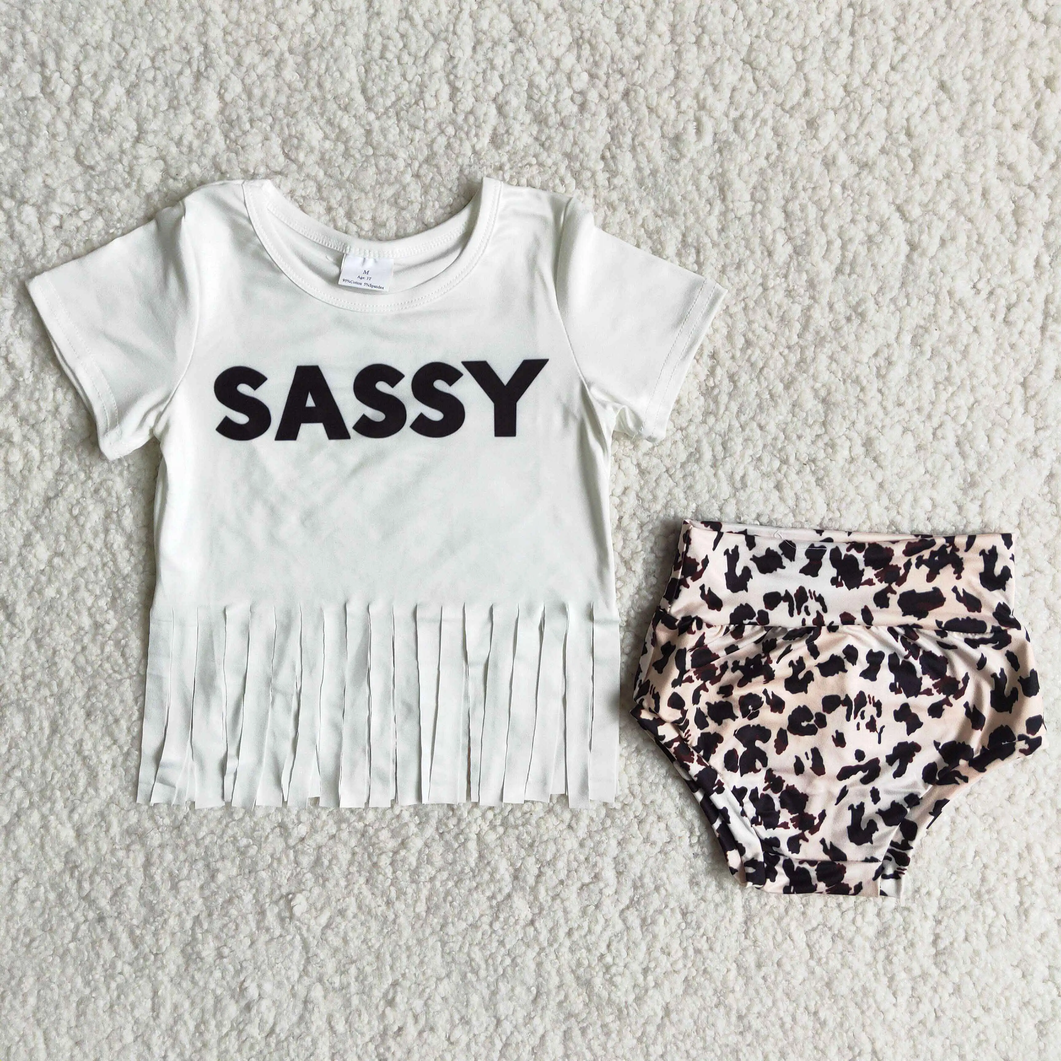 

New Girl Children Summer Clothes A White Monogrammed Tassel Top Is Paired With Leopard Print Shorts