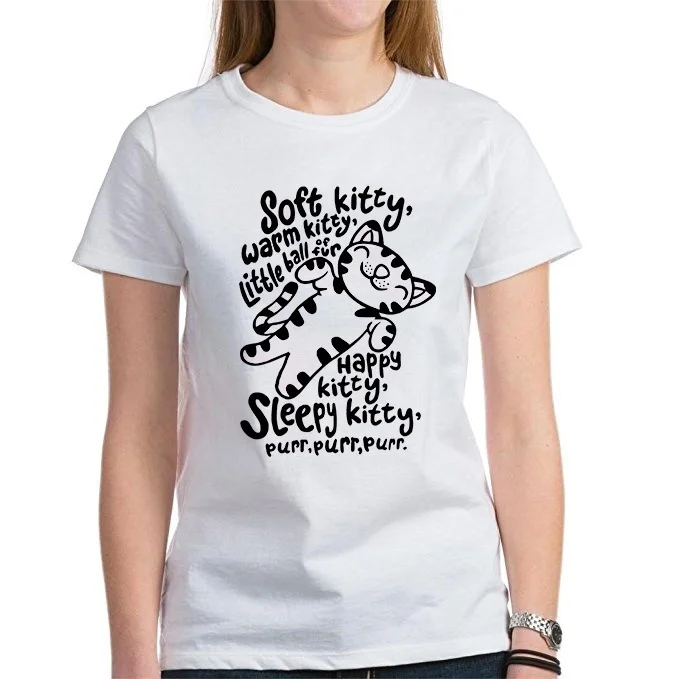 

Starqueen-JBH Soft Kitty Warm Kitty Cat Funny T-Shirt Women's Cute White Printed Tee Gift For Cat Lovers