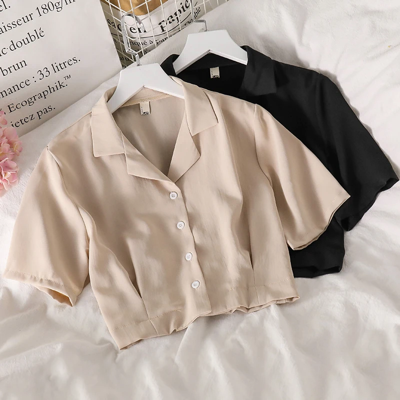 

Шифоновая Блузка с коротким рукавом, рубашки, женская новая летняя модная шикарная однотонная приталенная стильная короткая блузка с отлож...