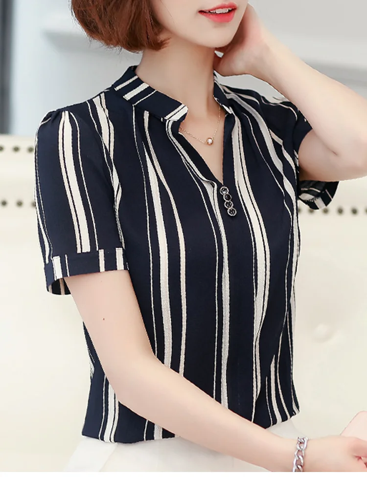

Chiffon Loose Plus Size Women's Blouses Fashion Short Sleeve Top New Casual Blouse Stripe V-neck Shirt Summer Houthion
