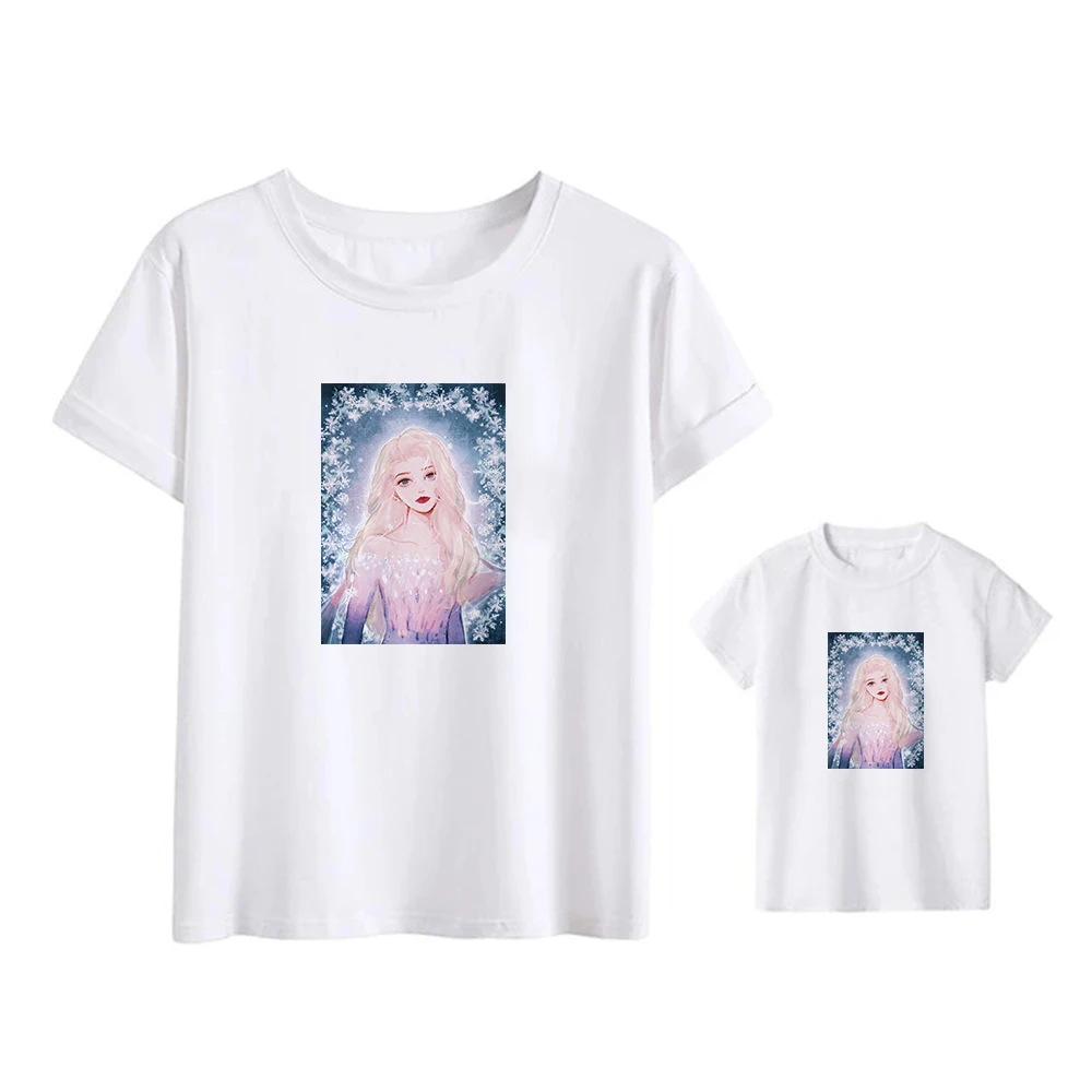 

Disney Frozen Elsa Princess Aesthetic Clothes Young Happy Family Matching T-Shirts Mama and Daughter Plus Size Harajuku Shirt