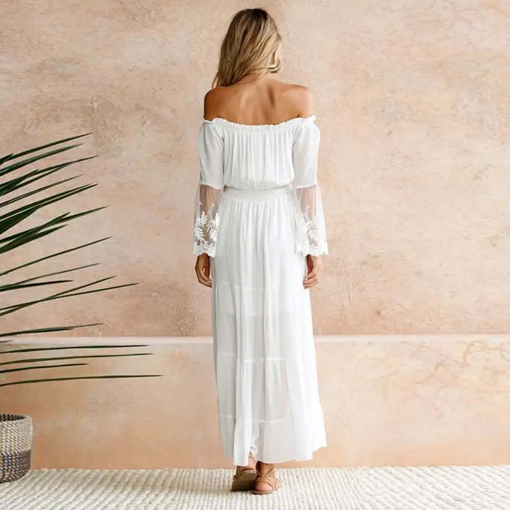 

Women 2021 Summer White Maxi Dress Sexy Chiffon Lace Patchwork Long Flare Sleeve Off Shoulder Boho Eleagnt Maxi Party Dress Robe