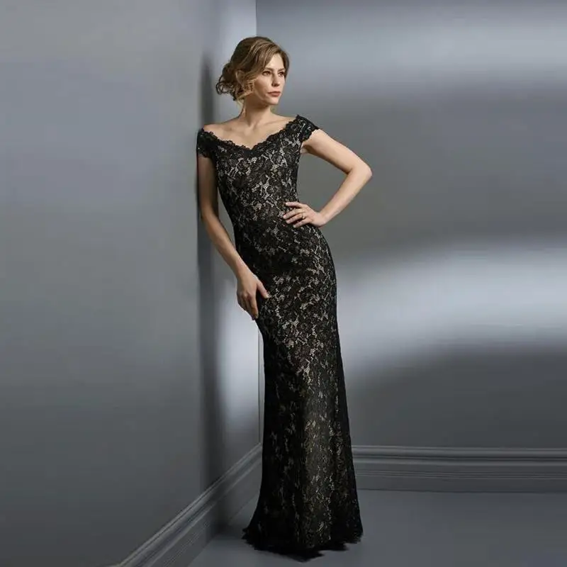 

Женское кружевное платье-русалка, элегантное черное платье для матери невесты с рукавами-крылышками и глубоким вырезом, длинные платья для ...