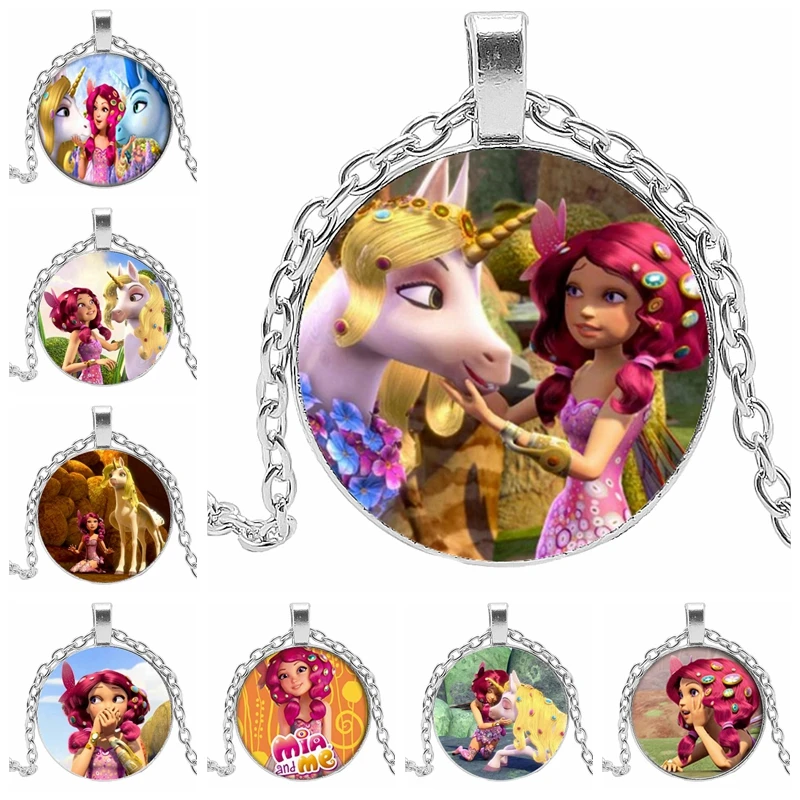 

European and American Movies Around Princess and Unicorn Pattern Pendant Necklace Glass Convex Round Sweater Chain Girl Gift