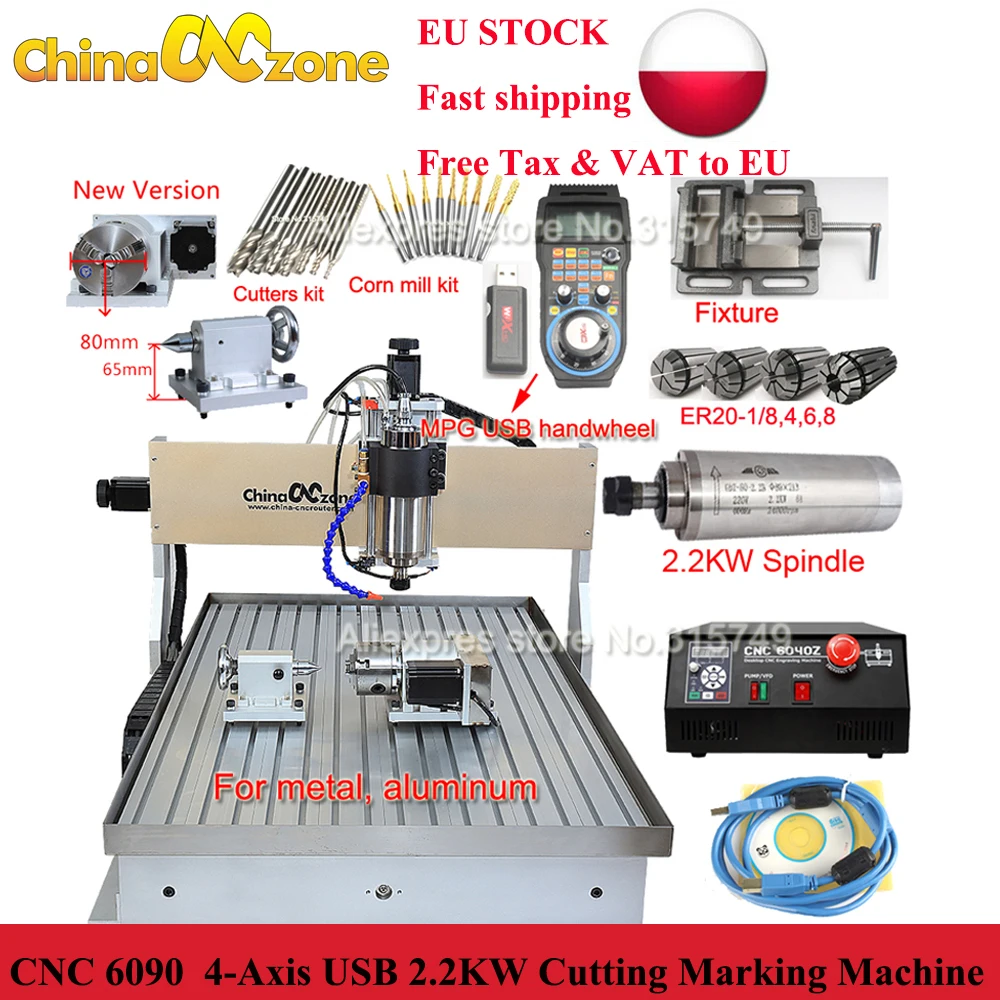 Enlarge EU STOCK CNC 6090 mini 4-axis USB wood milling router 2.2kw water cooling spindle with water sink metal milling carving machine