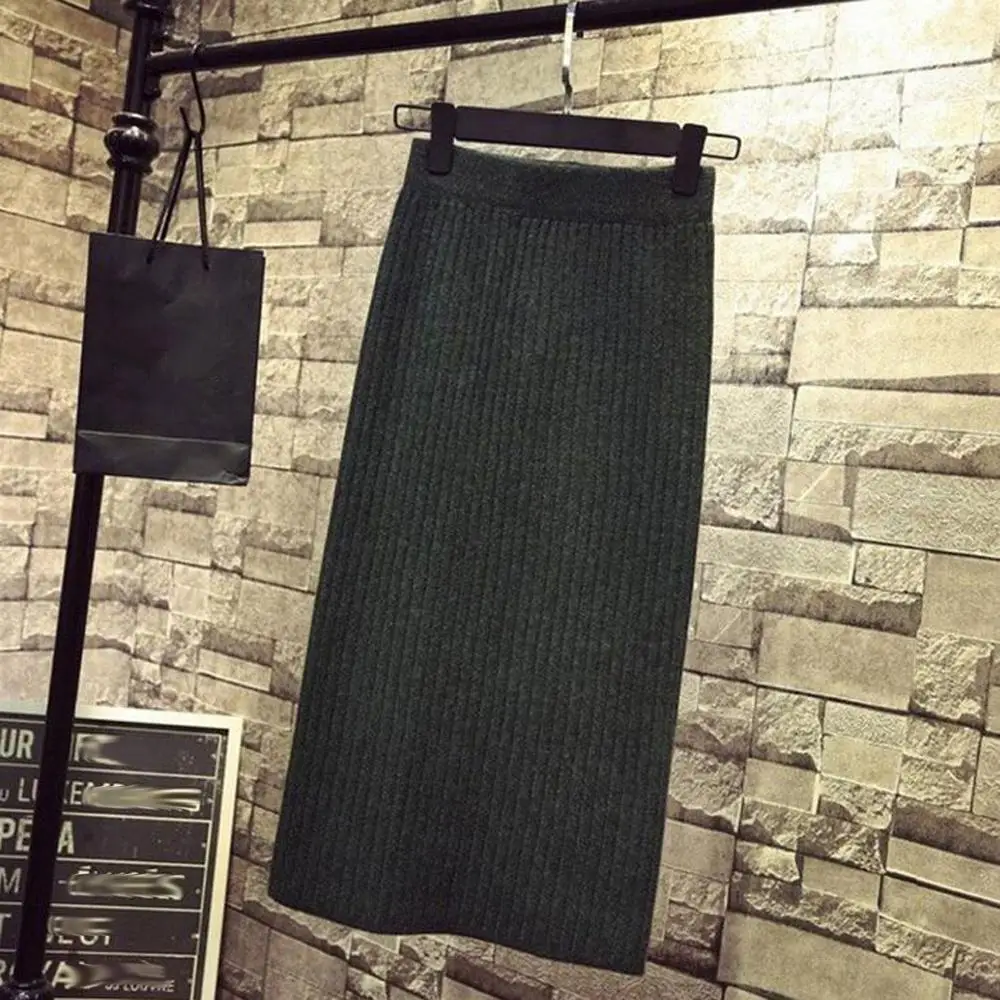 Женская Повседневная трикотажная юбка средней длины теплая прямая в рубчик 60-80