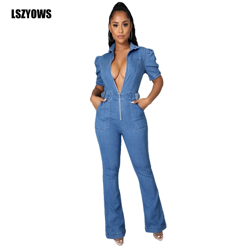 

Denim Jumpsuit Women Short Sleeve Turn Down Collar Zipper Straight Jumpsuits with Belt Casual Jeans Rompers Streetwear Overalls