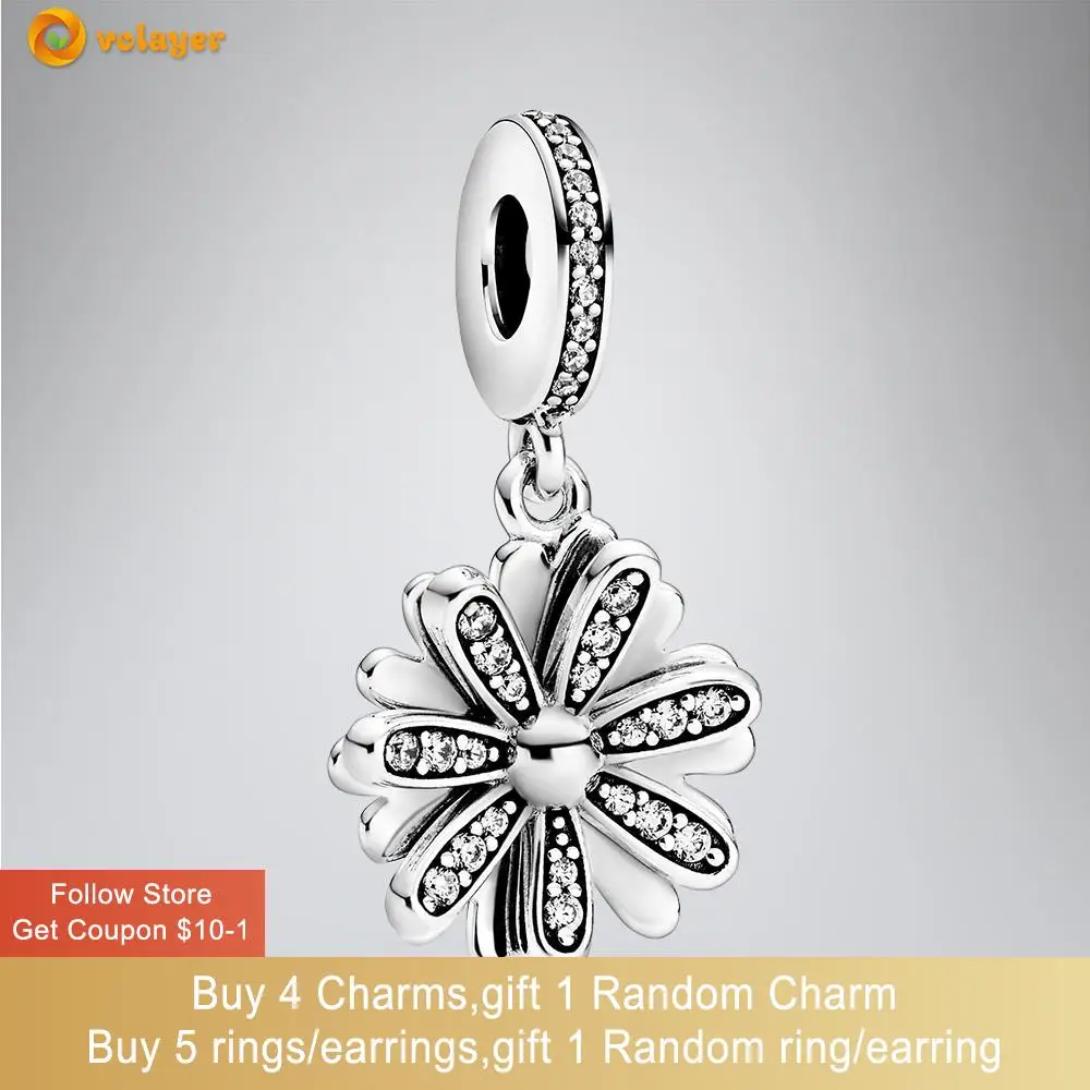 

Volayer 925 Sterling Silver Beads Sparkling Daisy Flower Dangle Charms fit Original Pandora Bracelets Women DIY Jewelry Making