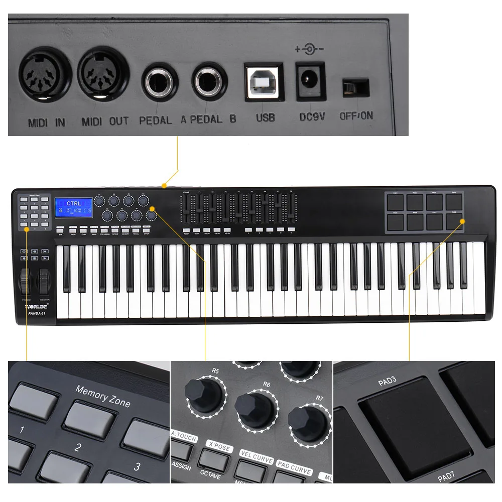 

WORLDE PANDA61 Portable 61-Key USB MIDI Keyboard Controller 8 RGB Colorful Backlit Trigger Pads piano midi controller