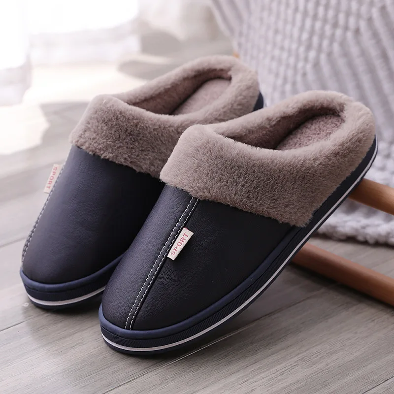

PU Waterproof Slippers Women Men Winter Plush Keep Warm Flat Home Shoes Woman Soft Comfort Female Shoes Sewing Interior Slipper