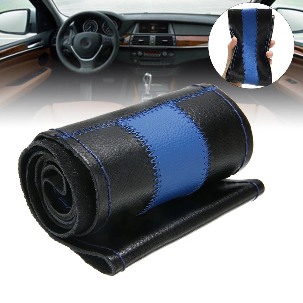 1PC Black+Blue DIY Car Steering Wheel Cover Genuine Leather Covering 38cm W/ Needles Thread For Auto Decorative Accessories | Автомобили и