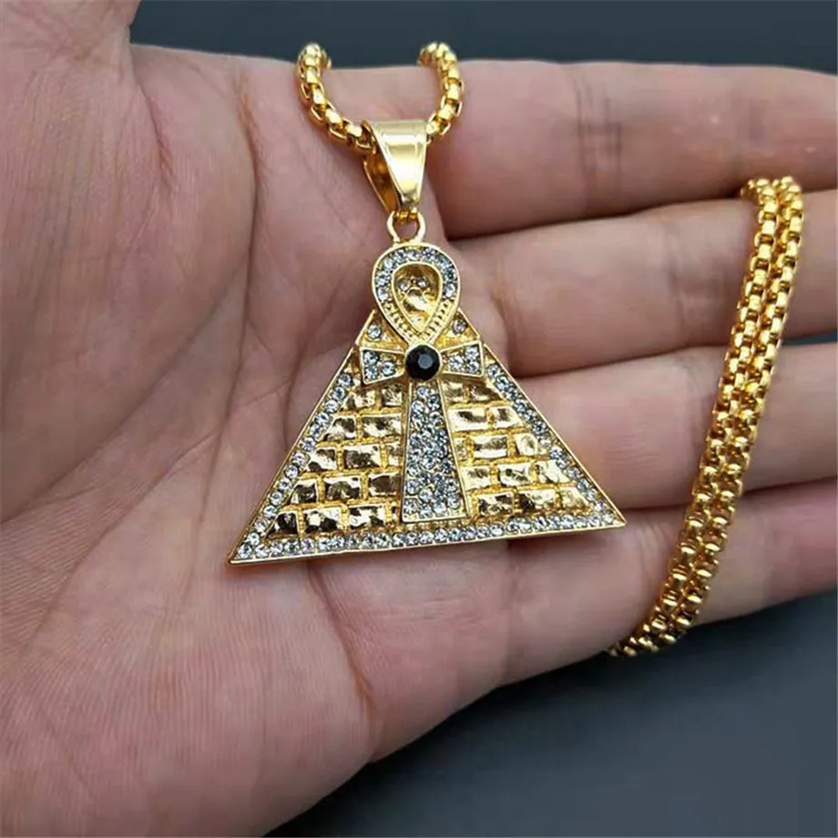 Iced Out Циркон Ankh крест ожерелье Золото Цвет Нержавеющая сталь Bling CZ Пирамида хип