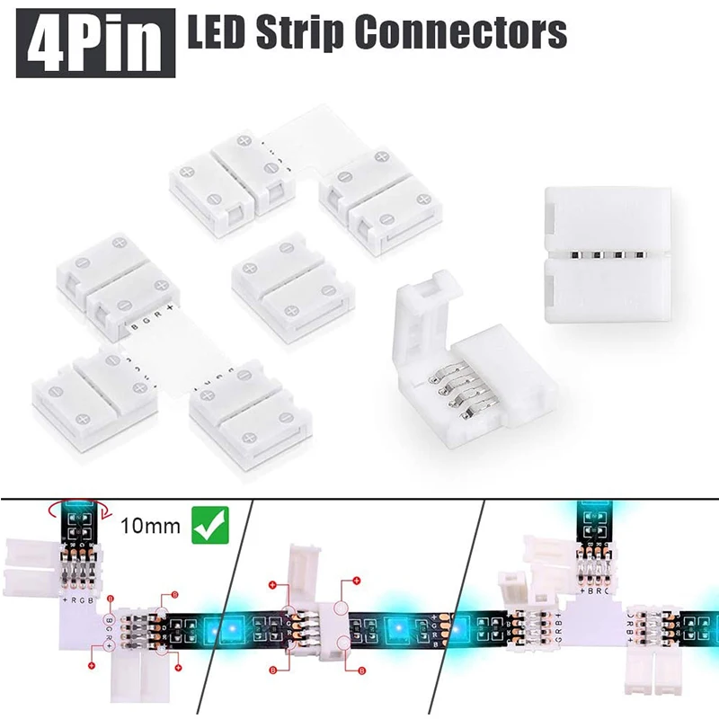 4 Pin Connector 10mm Terminal Splice L T I Shaped RGB LED Strip Light Bar Adapter Accessories Kit for 5050 Jumper Wire | Обустройство