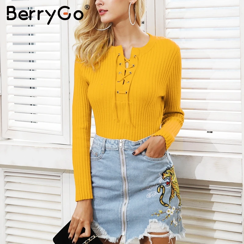 Женский вязаный свитер с круглым вырезом BerryGo Повседневный пуловер завязками