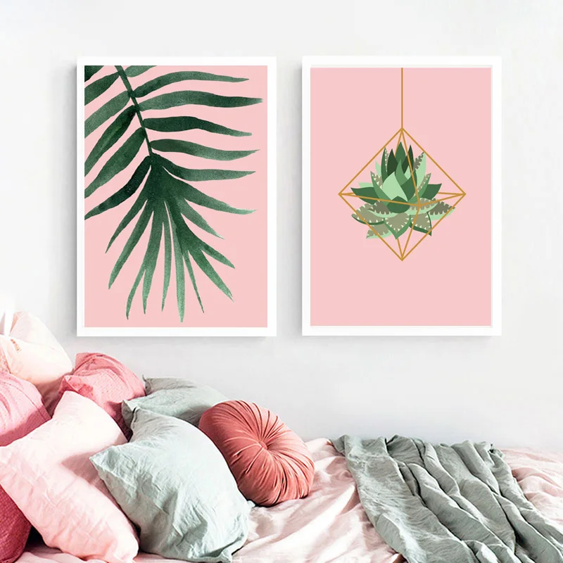 Акварель зеленое растение тропические листья розовый холст плакат настенный