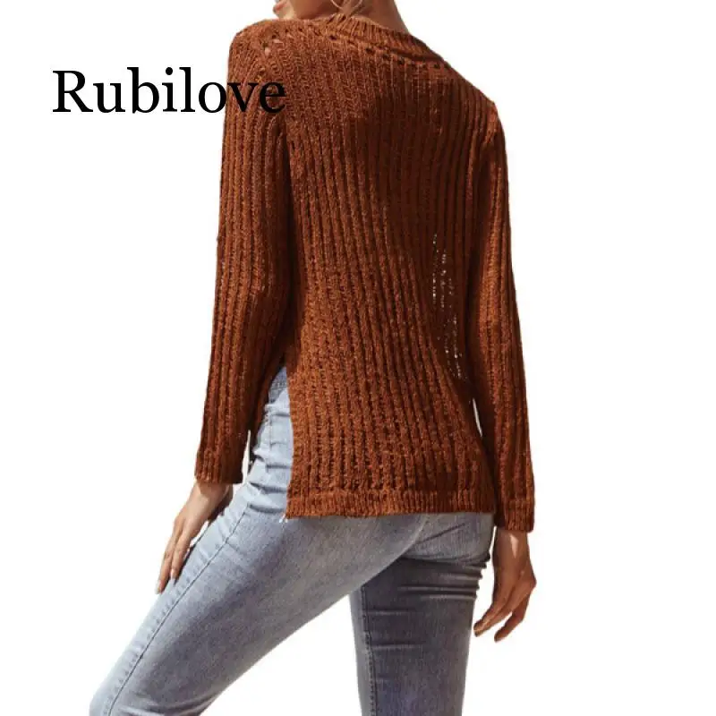 

Women's Irregular High Low Long Sleeve Hollow Knit Pullover Sweaters Tops Jumper