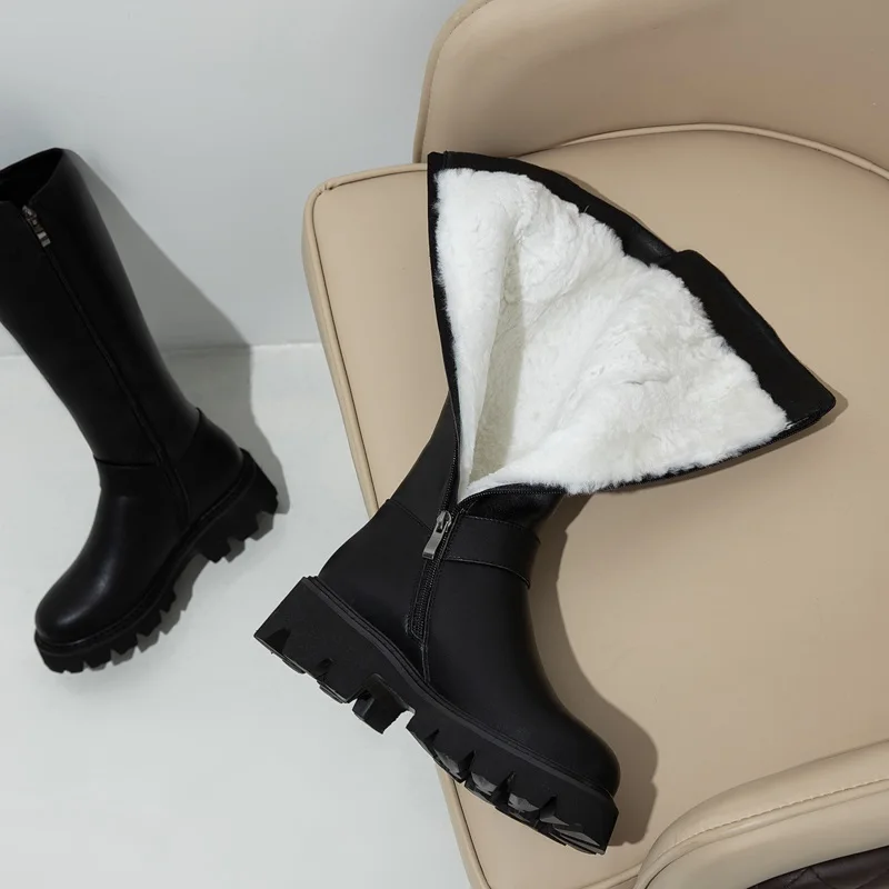 

ZVQ Women Knee High Snow Boots Shearling Inside Shoes Winter Genuine Leather Mid Heel Real Sheepskin Inside Long Wool Boots