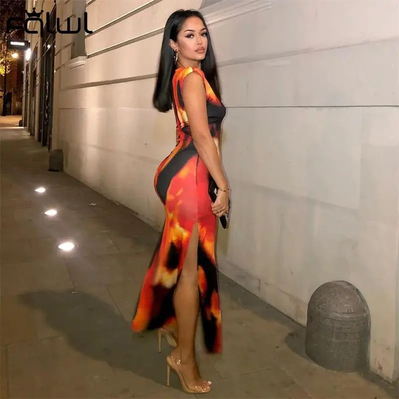 

FQLWL осенне-зимние красные сексуальные макси платья с разрезом для женщин 2021 вечернее облегающее платье без рукавов с круглым вырезом женско...