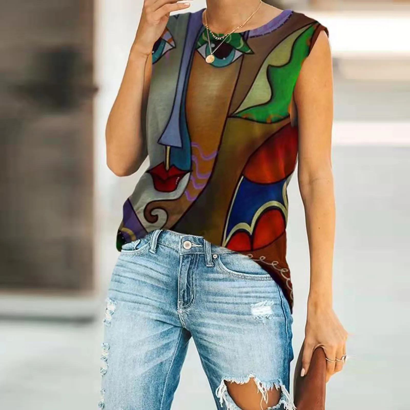 

Fashion Women Vintage Print Blouse Shirt Round Neck Tops Tee Summer Elegant Ladies Tops Female Women Sleeveless Blusas Pullover