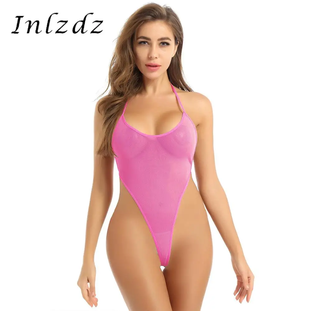 

Womens See Through Bodysuit Sheer Mesh Halter Neck Strappy Backless High-cut Hot Sexy Thong Leotard Bodysuit Nightwear