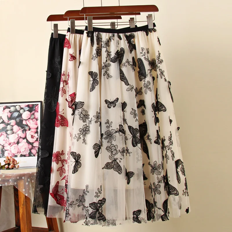 

Mesh Skirts for Women Jupe Longue Femme 2021 New Butterfly Embroidered A-Line Tulle Skirt Vintage High Waist Slim Midi Skirt