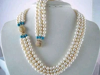 7 8mm 3 row white fw pearl necklace bracelet jewelry set