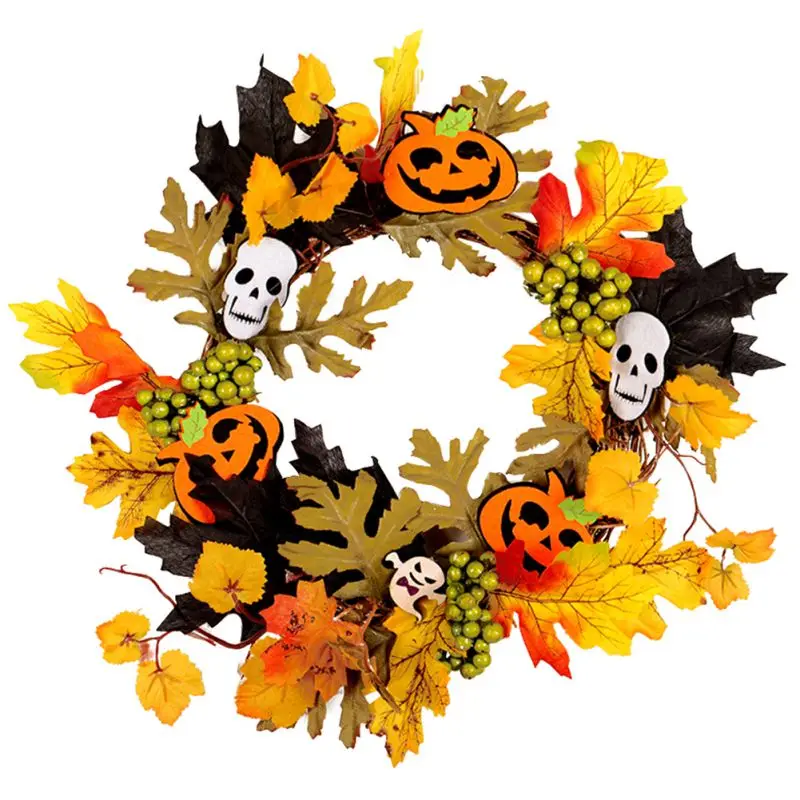 

Венок из ротанга на Хэллоуин, украшение из ягод тыквы, Кленовая гирлянда, искусственный осенний венок, декор для входной двери, День благода...
