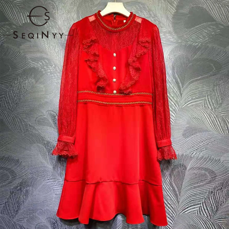 

SEQINYY Office Lady Dress Summer Spring New Fashion Design Women Runway High Quality Beading Ruffles Lace Mini Elegant