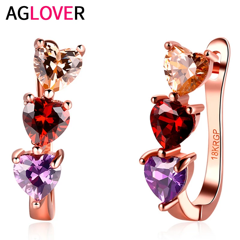 

AGLOVER 925 Sterling Silver For Woman 3 Heart-shaped Earrings Fashion Multicolor Zircon Gift Jewelry