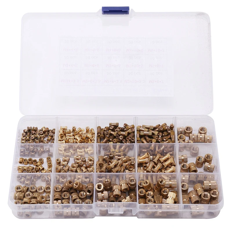 

430Pcs Brass Threaded Insert Nuts Set Double Knurled Inject Nuts Kit Copper Thread Bushing Screw Inserts Repair Kit