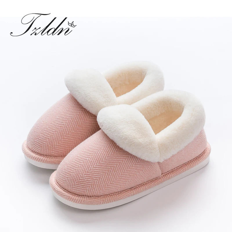 

TZLDN Unisex Indoor Plush Slippers Handbag Winter Flat Shoes Woman Soft Sole Cotton Slipper Stripe Female House Bedroom Slippers
