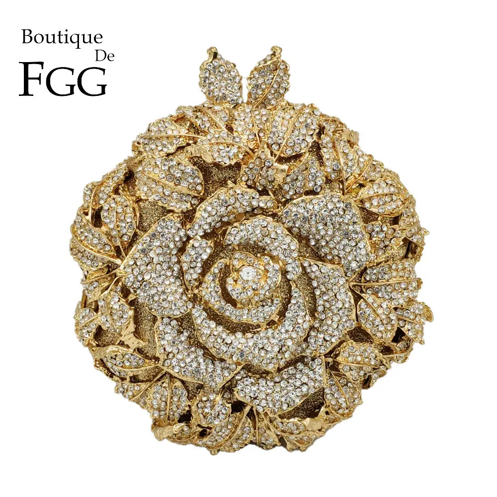 

Boutique De FGG Elegant Rose Flower Women Crystal Evening Clutch Bags Bridal Floral Handbag and Purse Wedding Party Diamond Bag