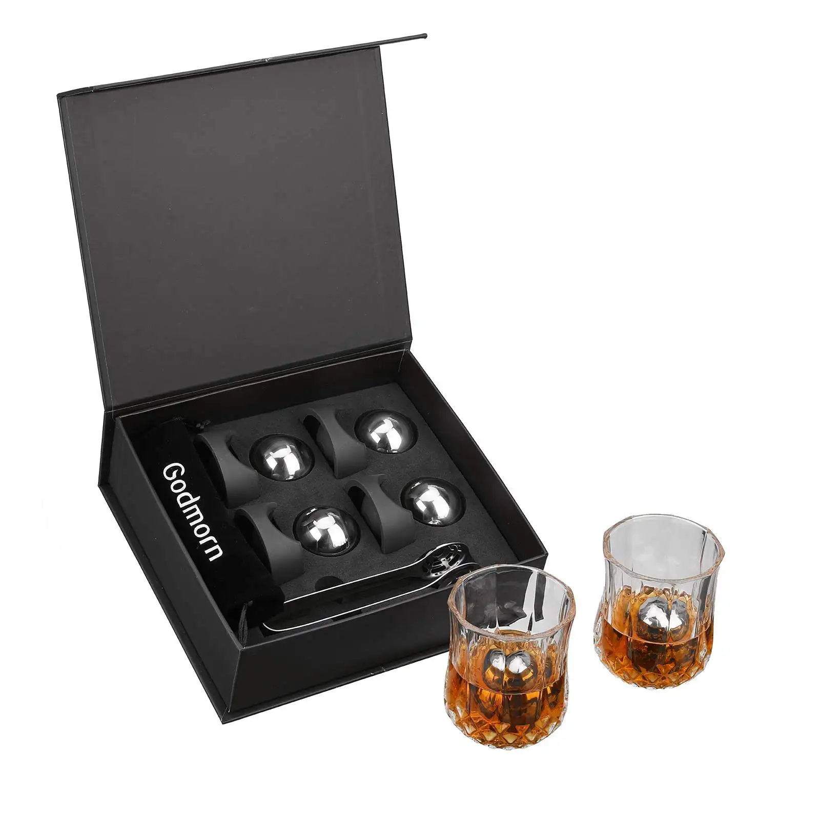 

Whiskey Balls Set - 4 Pcs Stainless Steel Balls Whisky Rocks - Reusable Ice Balls with Tongs Velvet Pouch - Best Drinking Gift