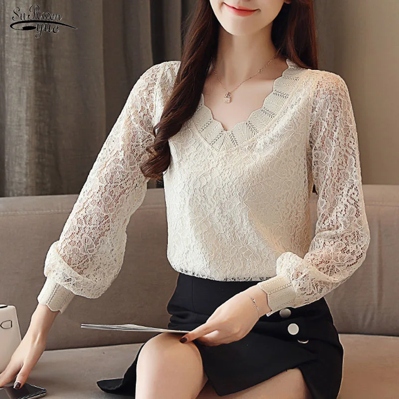 

Blusas 2021 Fashion Casual Women Tops and Blouse Solid Lace Long Sleeve shirt V-neck Autumn Korean Elegant Women Clothing 5958