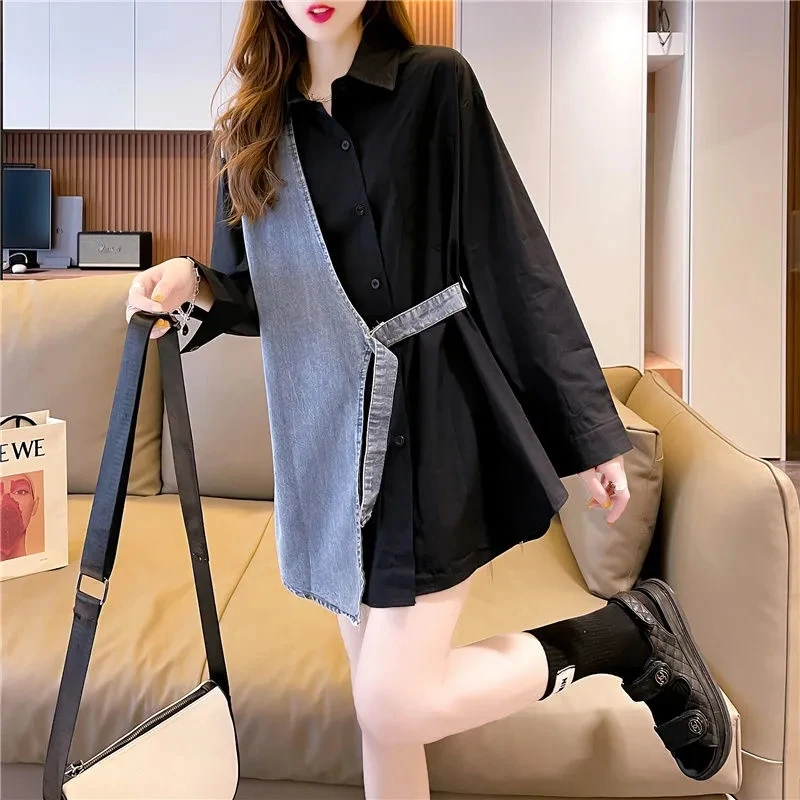 Женская комбинированная рубашка в ковбойском стиле свободная однобортная