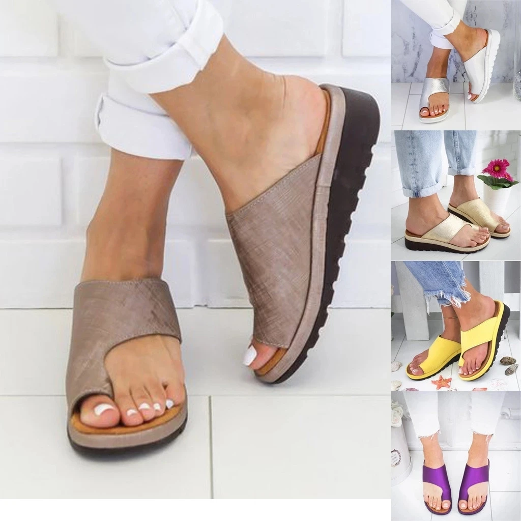 

Women's Sandals 2021 New Female Shoes Comfy Platform Flat Sole Orthopedic Bunion Corrector With Silicone Forefoot Pad