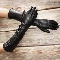 new womens long sheepskin gloves leather straight thin rayon lining spring and autumn black velvet mittens