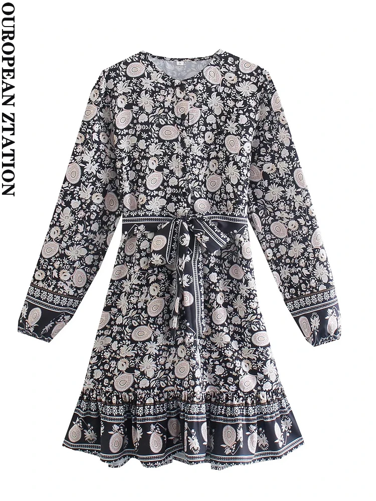 

Женское мини-платье с поясом, винтажное платье с цветочным принтом, длинным рукавом и пуговицами, 2021