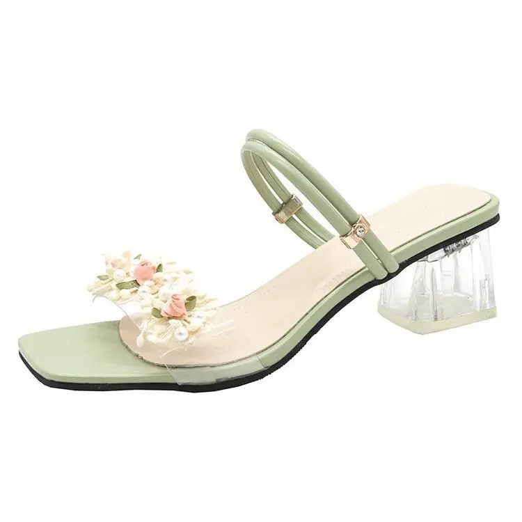 

High-Heeled Shoes Lady Slippers Casual Slides Slipers Women Square heel Flower Luxury Flat 2021 Summer Block Buckle Strap Fabric