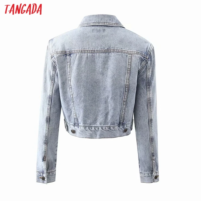 

Tangada Women Blue Denim Slim Coats Jacket Long Sleeves Pocket 2021 Ladies Crop Coat 3T06