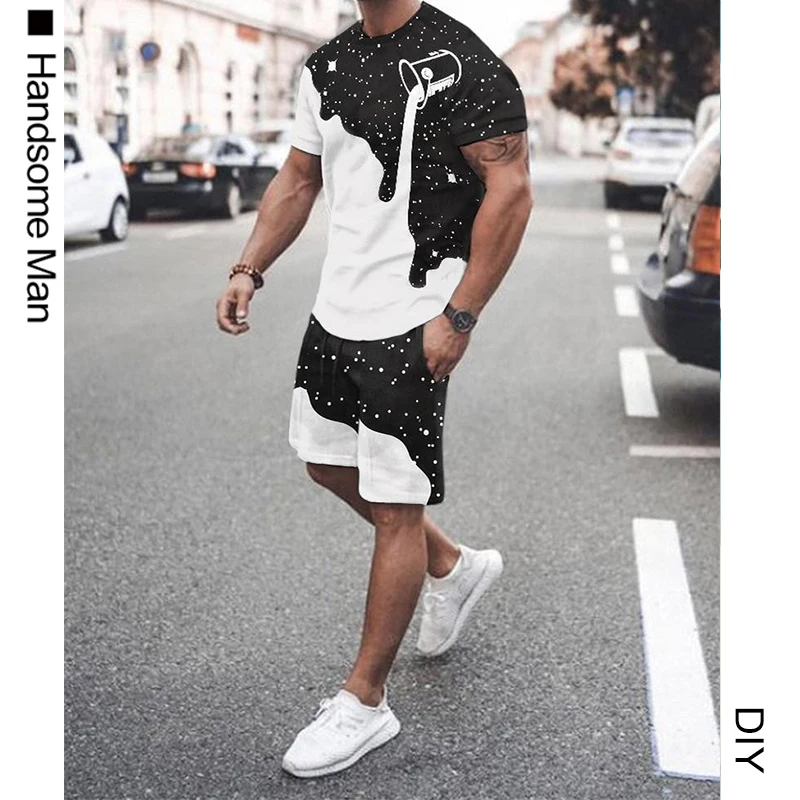 

2021 Harajuku sSet Summer Casual Sports Set Men and Women Matching Short Sets Graffiti Print Clothing Outfits Men's Sports Suit