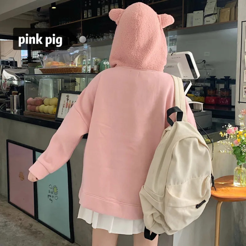 Autumn Winter Women Pig Ear Fleece Scarf Hooded Sweatshirt Plus Velvet Thicken Hoodies Sweet Girls Cartoon Print Kawaii Tops