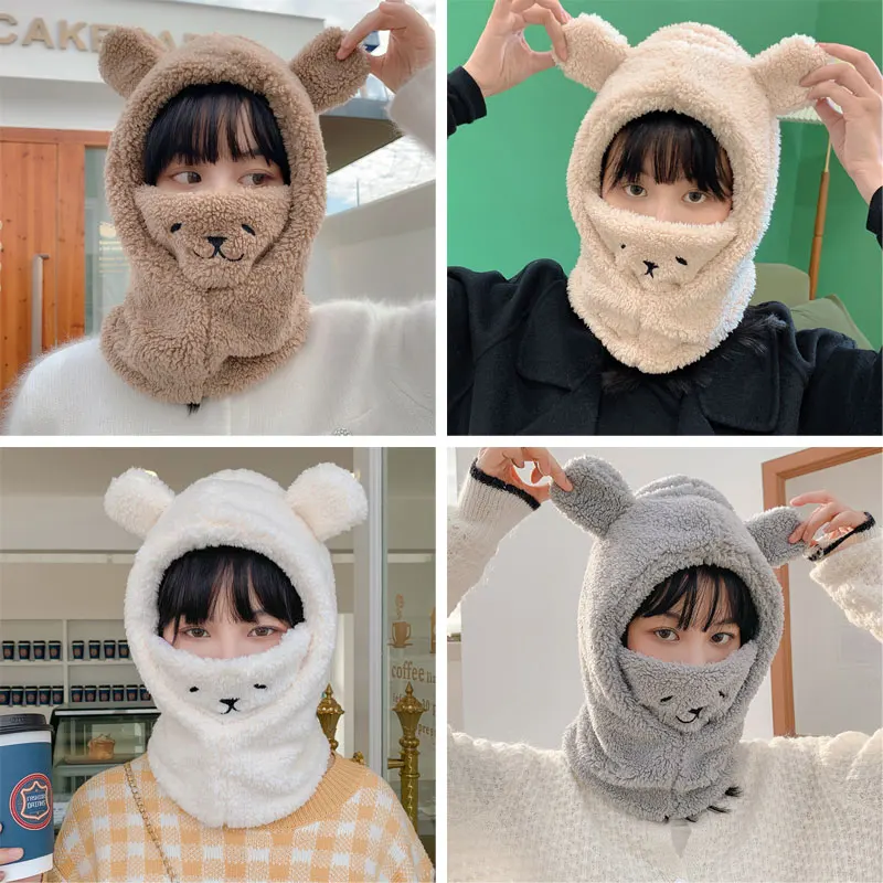 

Cute Cartoon Bear Ear Cap Plush Cap Women Novelty Caps Warm Casual Plush Hats Casual Solid Fleece Girl Kawaii Accessories