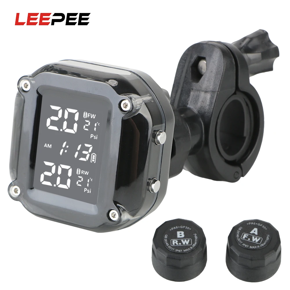 

LEEPEE LCD Display Tyre Temperature With 2 External Sensors Motorcycle TPMS Motor Tire Pressure Monitoring Alarm System
