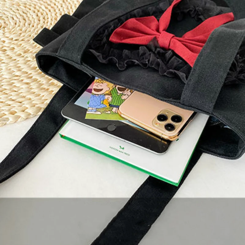 

Top-Handle Bags Women Bow Ruffles Casual Canvas Bags Japanese Style Kawaii Sweet Tote Bag Handbags Trendy Harajuku Ins Shopping